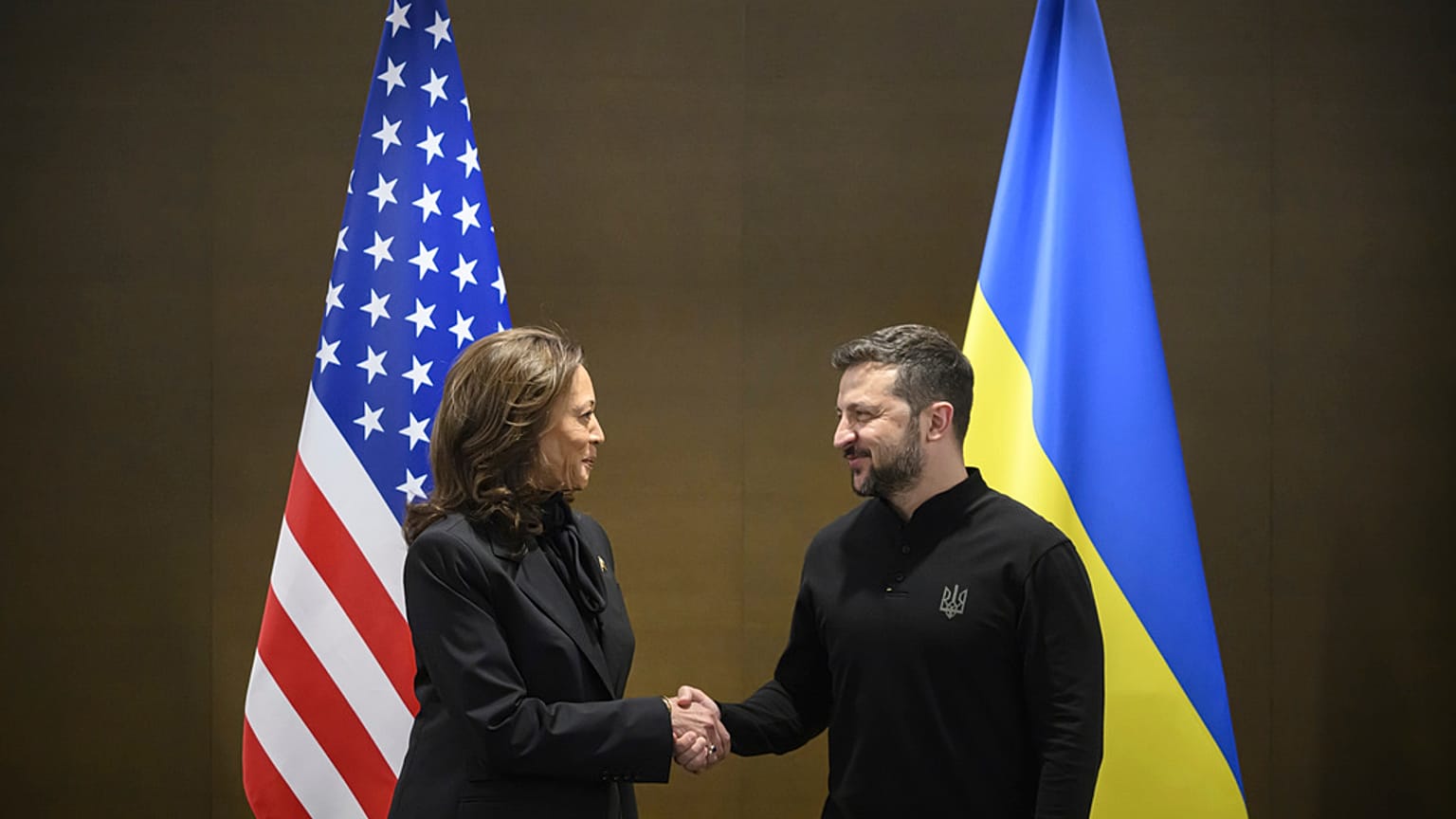 US Vice President Kamala Harris, left, shakes hands with Ukraine's President Volodymyr Zelenskyy during the Summit on peace in Ukraine, in  Switzerland. June 15, 2024.