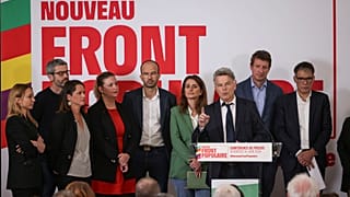 Führende Vertreter der linksgerichteten Koalition Frankreichs für die bevorstehenden Wahlen erwarten eine Medienkonferenz in Paris am Freitag, den 14. Juni 2024.