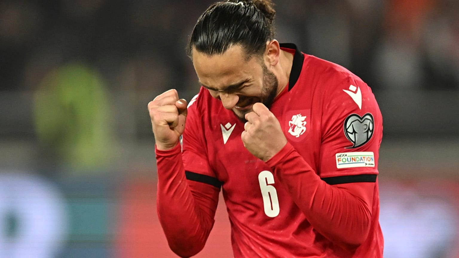 Georgia's Giorgi Kochorashvili after scoring a penalty against Greece in Tbilisi, Georgia, Tuesday, March 26, 2024