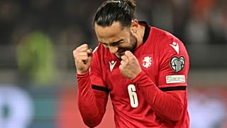 Georgia's Giorgi Kochorashvili after scoring a penalty against Greece in Tbilisi, Georgia, Tuesday, March 26, 2024