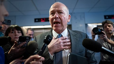 FILE - Boeing CEO David Calhoun speaks with reporters after a meeting at the Capitol in Washington, Jan. 24, 2024. 