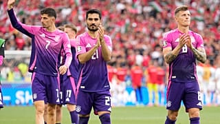 Germant celebrate qualifying for the round of 16 at the Euro 2024 football tournament in Stuttgart, Germany, Wednesday, June 19, 2024