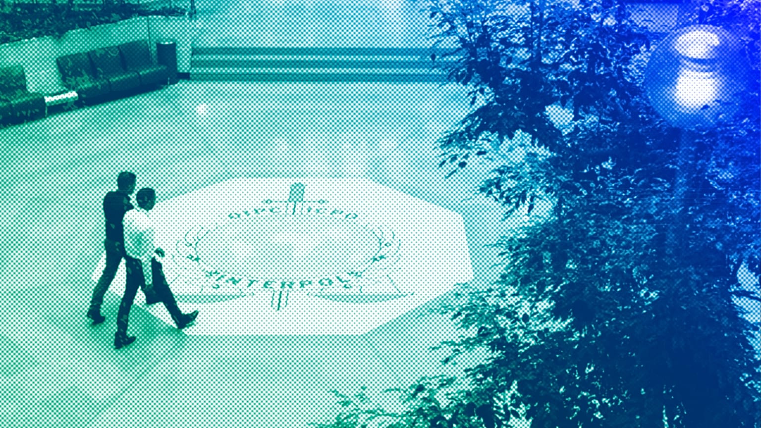 The entrance hall of Interpol's headquarters in Lyon, November 2018