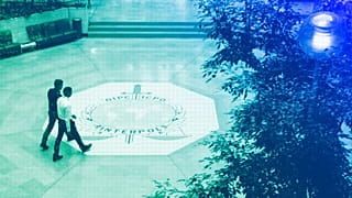 The entrance hall of Interpol's headquarters in Lyon, November 2018