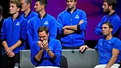 An emotional Roger Federer, left, of Team Europe sits alongside Rafael Nadal after their Laver Cup doubles match against Team World.