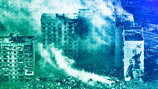 Smoke rises from a building in Bakhmut, the site of the heaviest battles with the Russian troops in the Donetsk region, May 2023