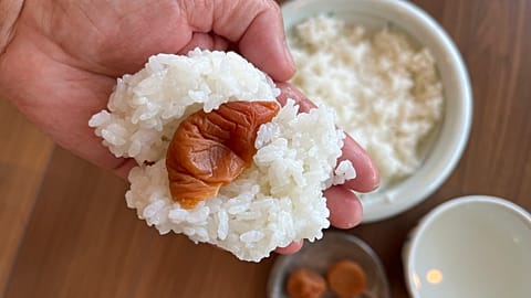 Onigiri sind gefüllte Reiskugeln aus Japan, hier mit gesalzener Pflaume, oder "umeboshi".