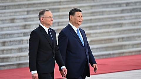 Chinese President Xi Jinping and Poland's President Andrzej Duda attend the welcome ceremony at the Great Hall of the People in Beijing, Monday, June 24, 2024. (Pedro Pardo/Po