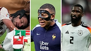 Euro 2024 players Barnabas Varga, Hungary, left, Kylian Mbappé, France, centre, Antonio Rüdiger, Germany right