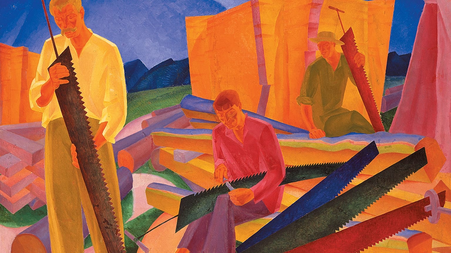 Oleksandr Bohomazov, "Ακονίζοντας τα πριόνια", 1927. Λάδι σε καμβά, 138 x 155 εκ. 