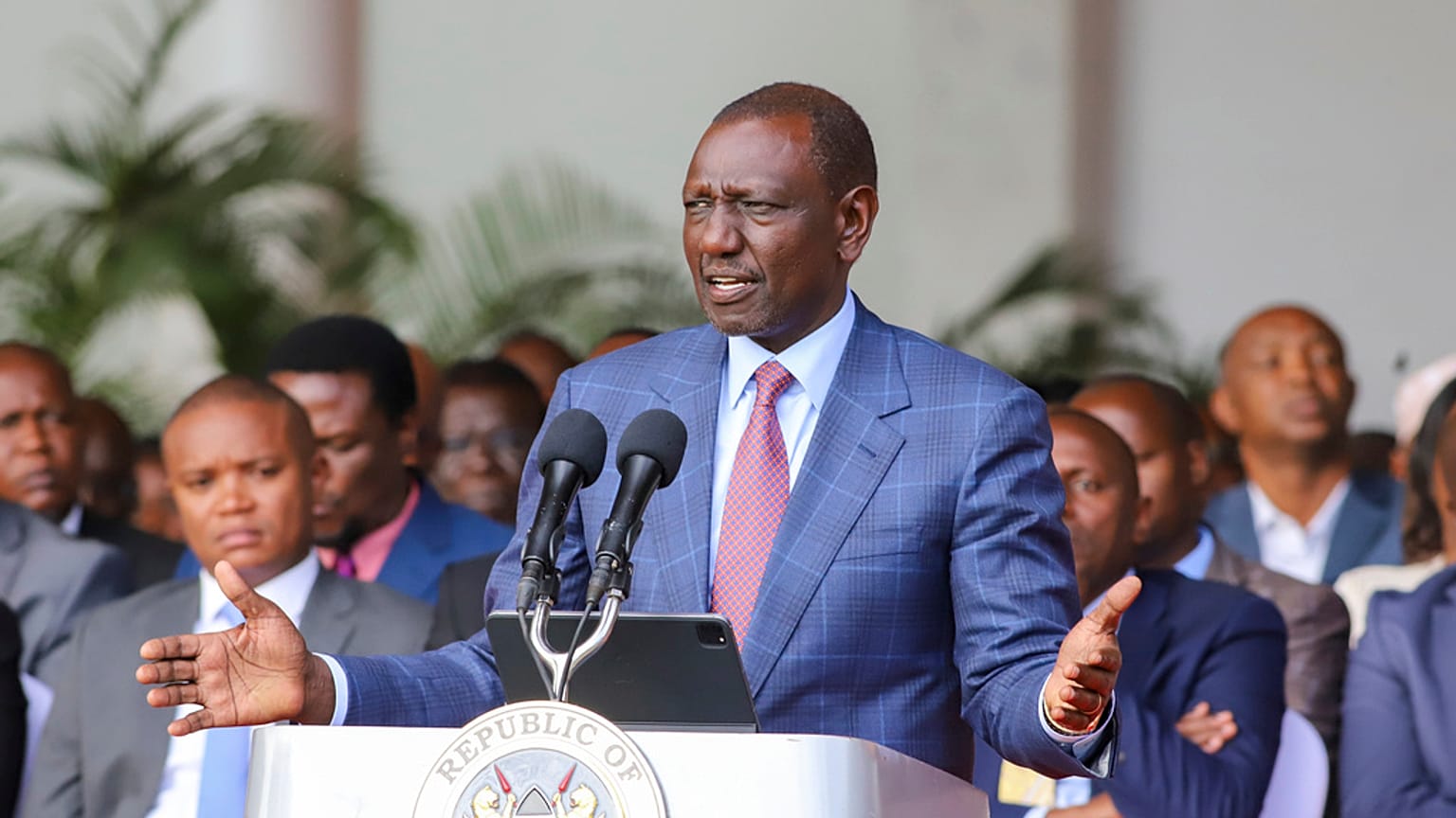 Kenyan President William Ruto gives an address at the State House in Nairobi, Kenya on Wednesday