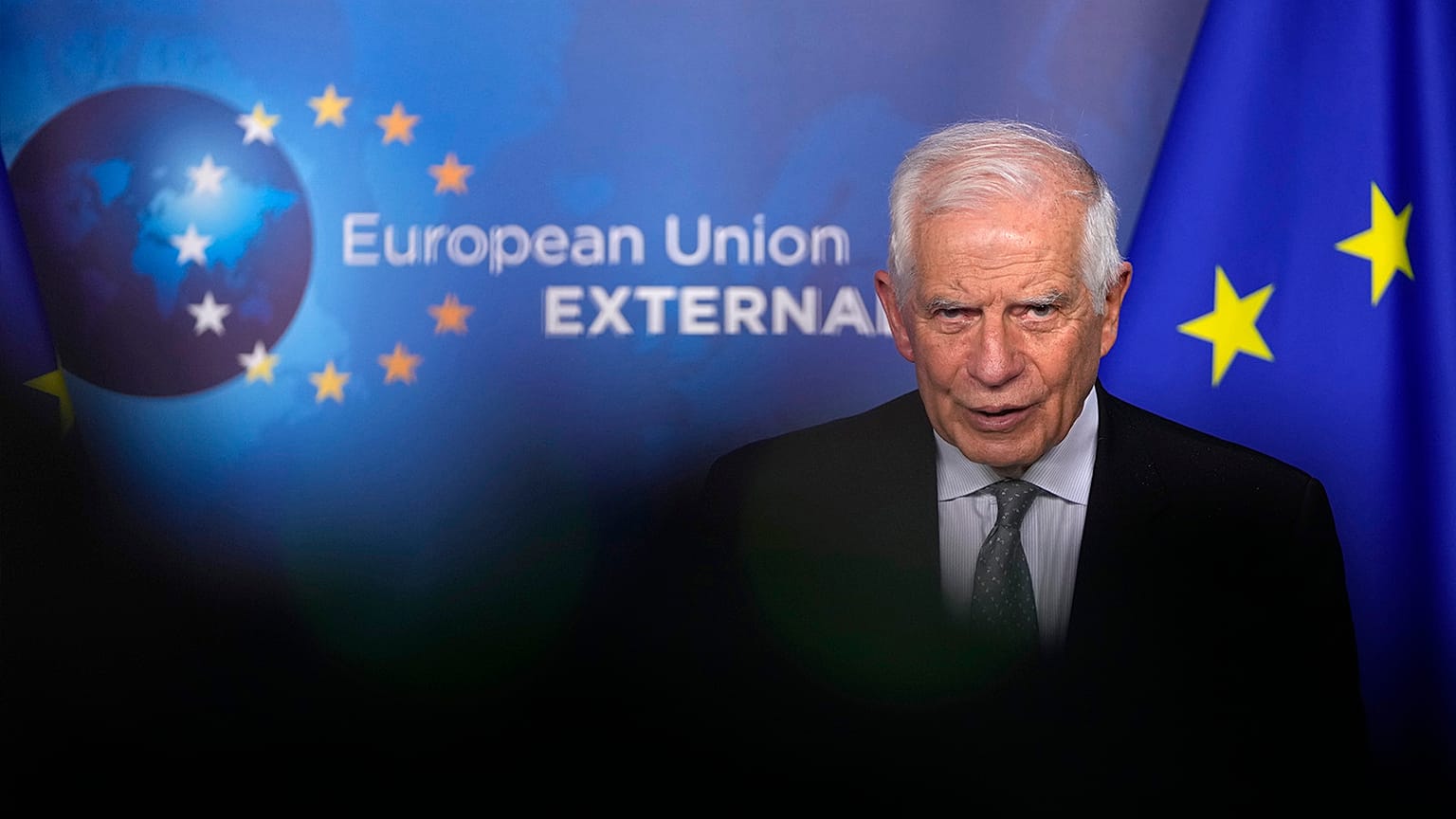 European Union foreign policy chief Josep Borrell reads a statement during a media conference prior to talks on Serbia-Kosovo in Brussels, 26 June 2024