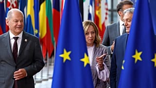 German Chancellor Olaf Scholz, Italian prime minister Giorgia Meloni and Hungarian prime minister Viktor Orban arrive for the summit