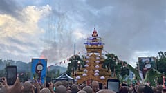A crowd of Buddhist clergy and devotees attend the cremation of the late monk Bhaddanta Munindarbhivamsa in Bago, Myanmar