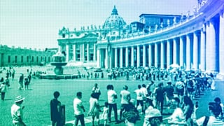 Tourists and faithful wander in St Peter's Square at the Vatican, 10 July 2023