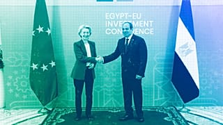 Egyptian President Abdel-Fattah el-Sissi greets European Commission President Ursula von der Leyen at the EU-Egypt Investment Conference in Cairo, June 2024