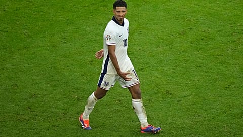 England's Jude Bellingham gestures after scoring his side's first goal during a round of sixteen match between England and Slovakia at Euro 2024