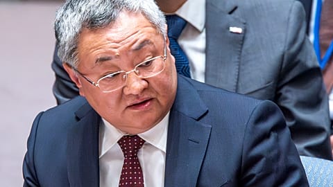 Fu Cong, China's permanent representative to the United Nations addresses members of the U.N. Security Council in April 2024. 