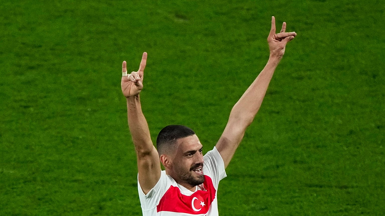 Turkey's Merih Demiral celebrates after scoring his second goal during a round of 16 match between Austria and Turkey at the Euro 2024 tournament in Leipzig, 2 July 2024