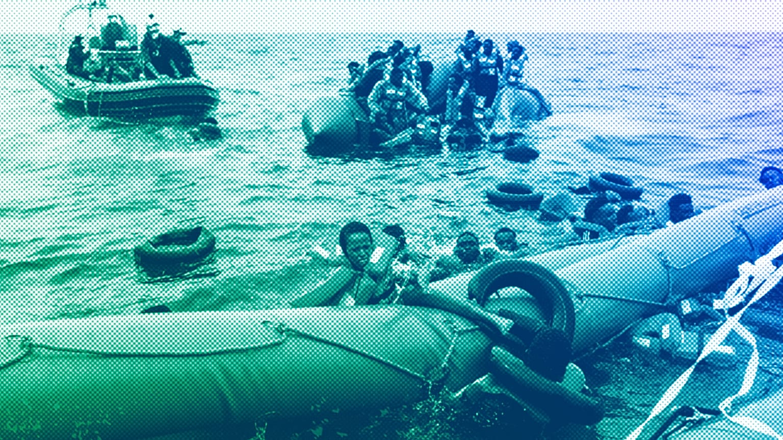 Migrants aboard a rubber boat end up in the water while others cling on to a centifloat before being rescued by a team of the Sea Watch-3, October 2021