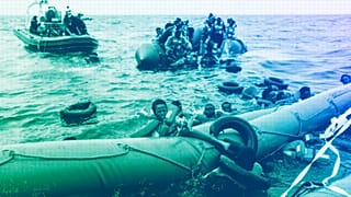 Migrants aboard a rubber boat end up in the water while others cling on to a centifloat before being rescued by a team of the Sea Watch-3, October 2021