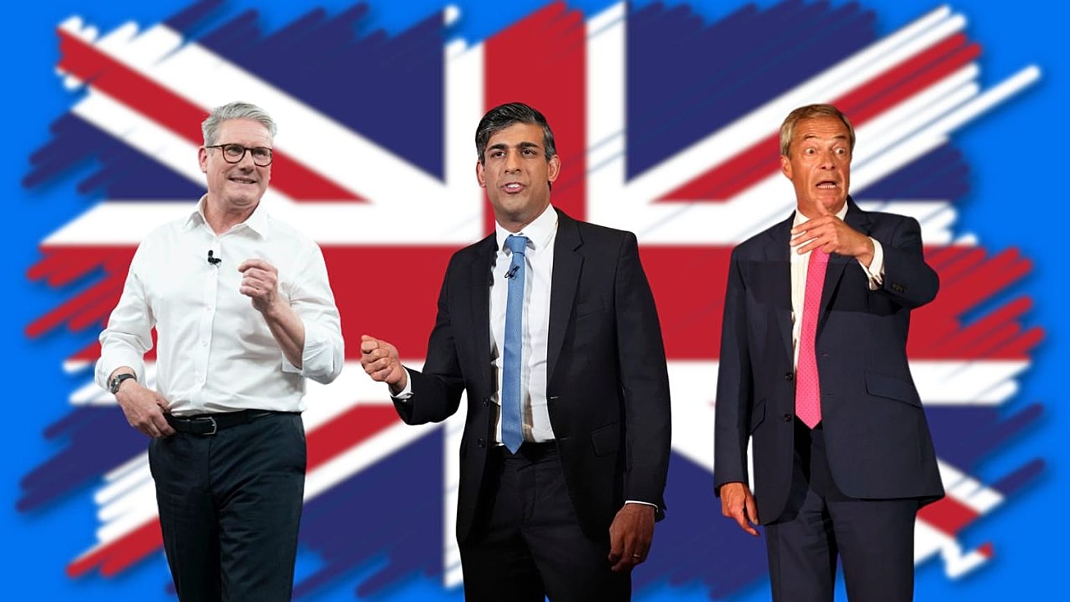 Rishi Sunak, Keir Starmer, Nigel Farage 
