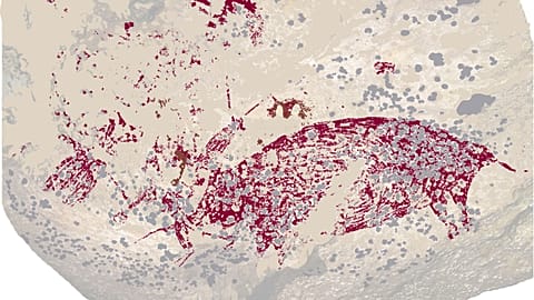 The painting shows three human-like figures and a wild pig.