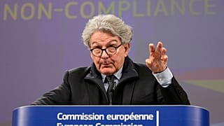 European Commissioner for Internal Market Thierry Breton addresses a media conference.