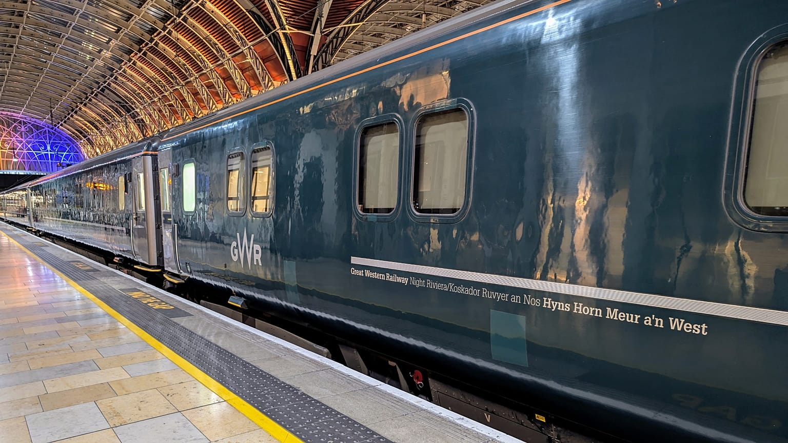 The Night Riviera sits at the platform at Paddington Station in London. 