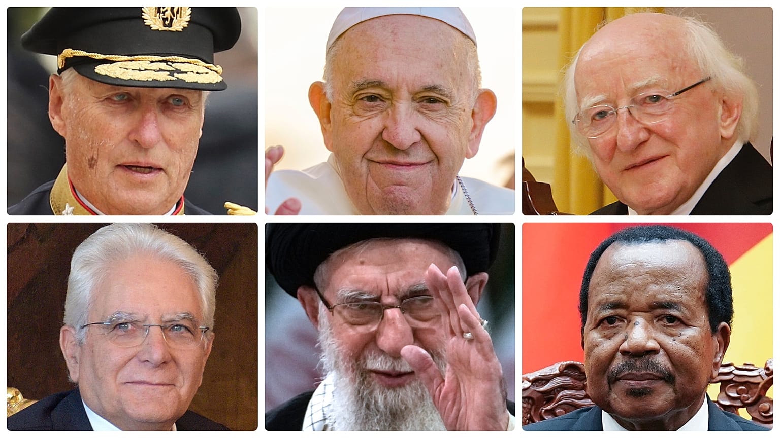 V. Harald norvég király, Ferenc pápa, Michael D. Higgins ír elnök, Sergio Mattarella olasz elnök, Ali Hámenei iráni legfelsőbb vezető és Paul Biya kameruni elnök
