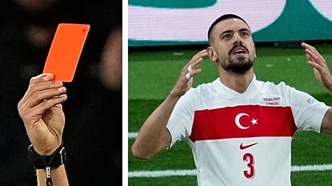 England's Jude Bellingham, left, and. Merih Demiral, Turkey, right