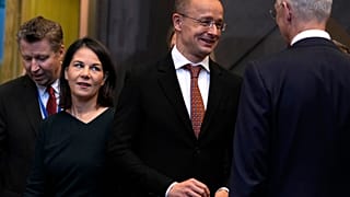 Annalena Baerbock német külügyminiszter és Szijjártó Péter külgazdasági és külügyminiszter egy NATO-tanácskozáson Brüsszelben, 2023. november 28-án