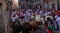 The first day of the running of the bulls at the San Fermín fiestas in Pamplona, Spain, Sunday, July 7, 2024.