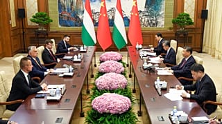 Le Premier ministre hongrois Viktor Orban échange avec le président chinois Xi Jinping lors d'un entretien bilatéral à Pékin, lundi 8 juillet 2024.