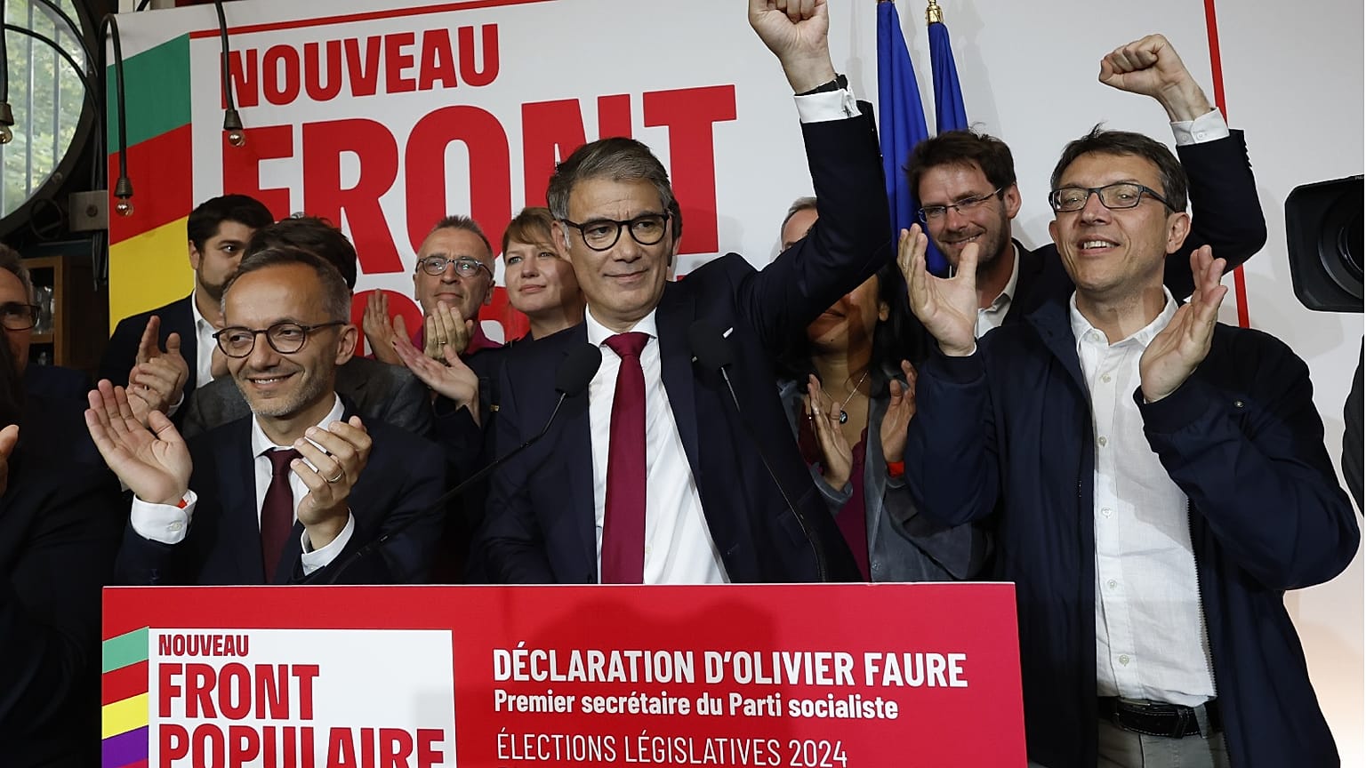 Olivier Faure, premier secrétaire du Parti socialiste, après le second tour des élections législatives, le 7 juillet 2024, au siège de la soirée électorale du parti à Paris.
