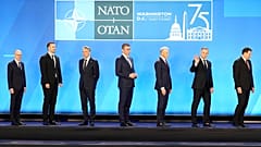 Nato leaders wait to leave the stage after the family photograph during the Nato 75th anniversary summit at the Walter E. Washington Convention Center, July 10th.