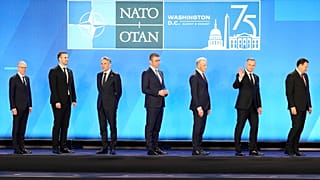 Nato leaders wait to leave the stage after the family photograph during the Nato 75th anniversary summit at the Walter E. Washington Convention Center, July 10th.