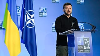 Ukraine's President Volodymyr Zelenskyy speaks during a press conference at the NATO summit in Washington, Thursday, July 11, 2024. (AP Photo/Mark Schiefelbein)