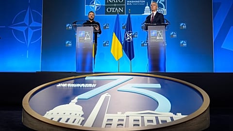 Ukraine's President Volodymyr Zelenskyy and NATO Secretary General Jens Stoltenberg speak during a press conference at the NATO summit in Washington, Thursday, July 11, 2024.