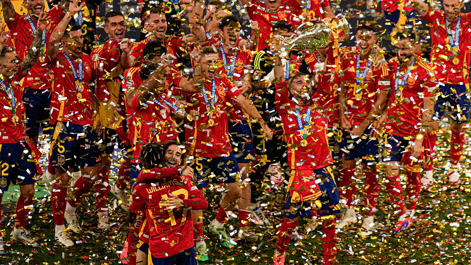Spain players celebrate winning Euro 2024 in the Berlin final against England