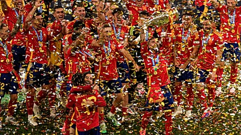 Spain players celebrate winning Euro 2024 in the Berlin final against England