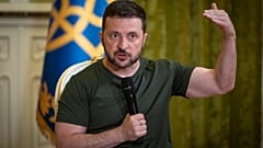 Ukrainian President Volodymyr Zelenskyy speaks during a press conference in Kyiv, Ukraine.