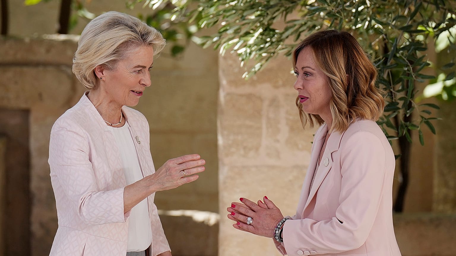European Commission President Ursula von der Leyen is welcomed by Italian Premier Giorgia Meloni for a G7 world leaders summit at Borgo Egnazia, 13 June 2024