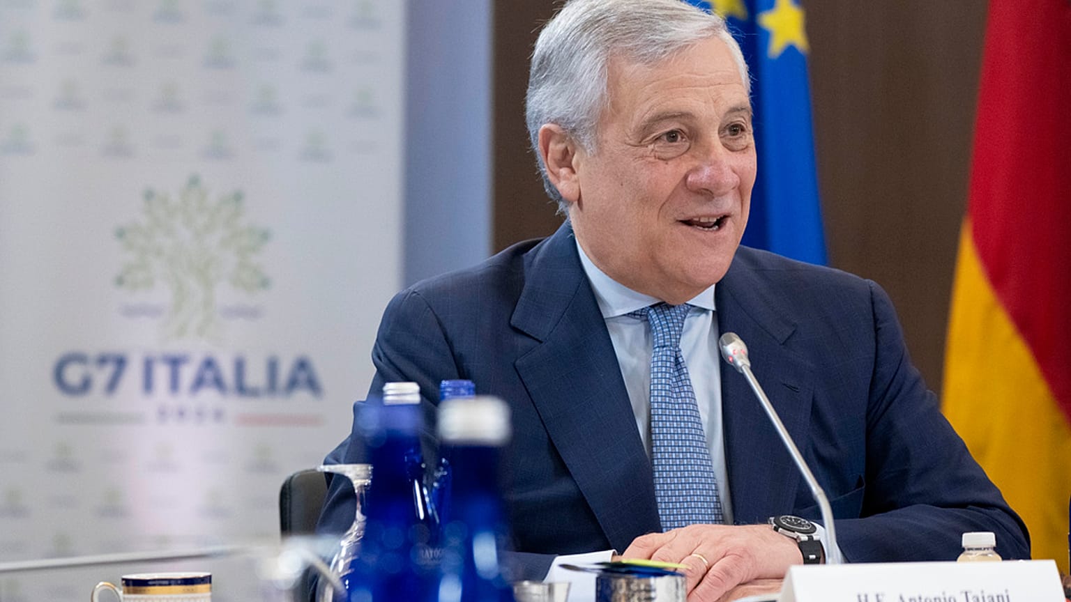 Italy's Foreign Minister Antonio Tajani speaks while meeting with members of the G7 on 11 July during the NATO summit in Washington ahead of the G7 trade meeting