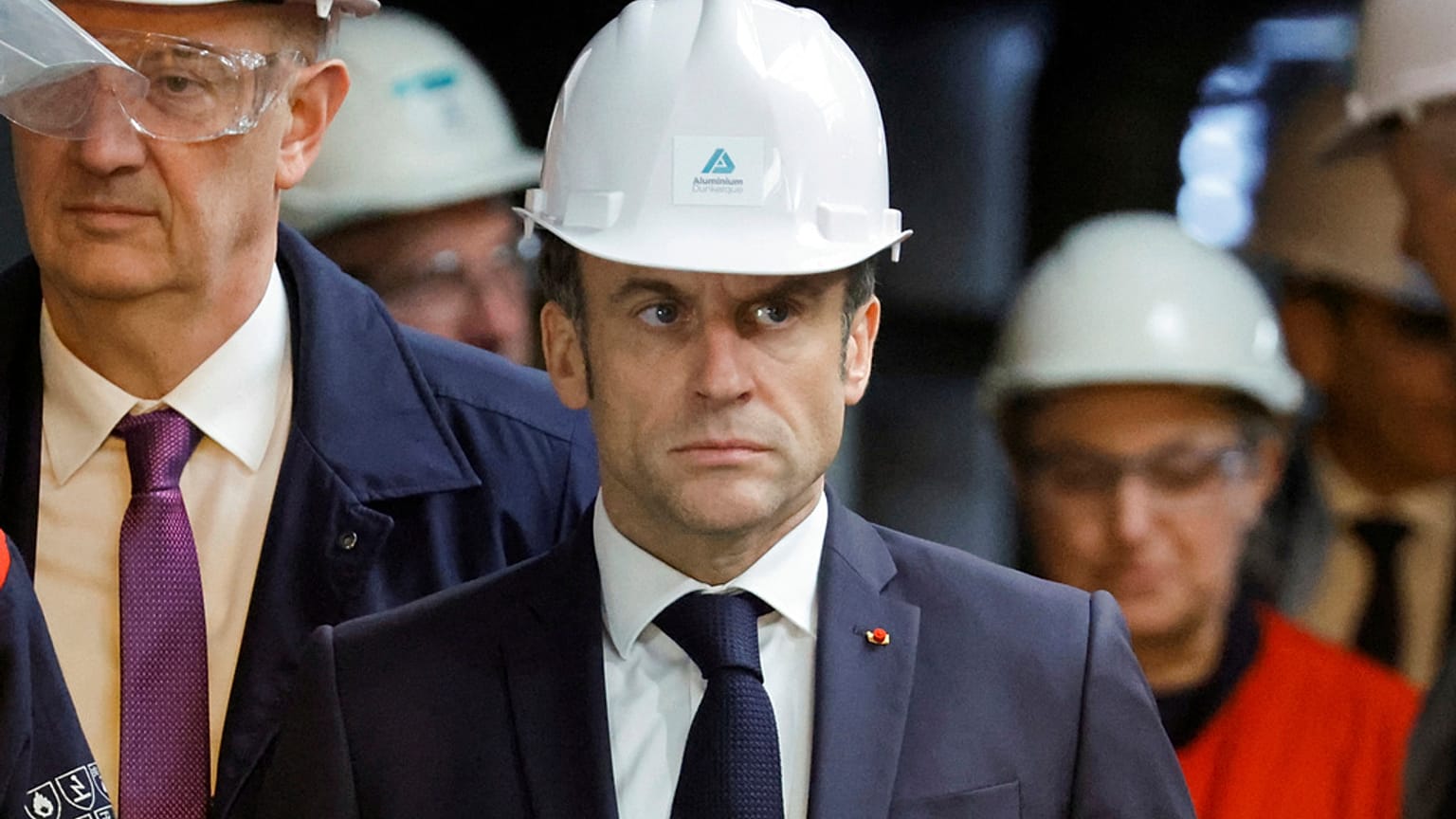 French President Emmanuel Macron visits the Aluminium Dunkerque factory in Dunkirk, northern France, Friday, May 12, 2023.