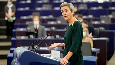European Commissioner for Europe fit for the Digital Age Margrethe Vestager delivers a speech in the EU Parliament.