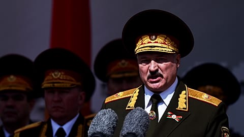 President Alexander Lukashenko of Belarus gives a speech during a military parade in Minsk