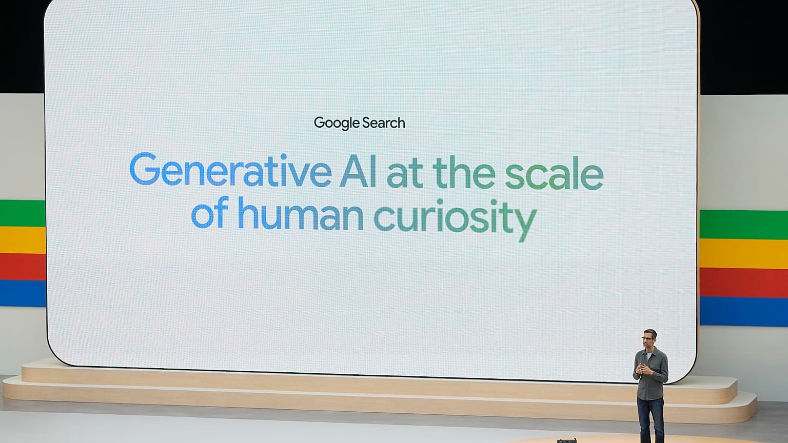Alphabet CEO Sundar Pichai speaks at a Google I/O event in California in May 2024