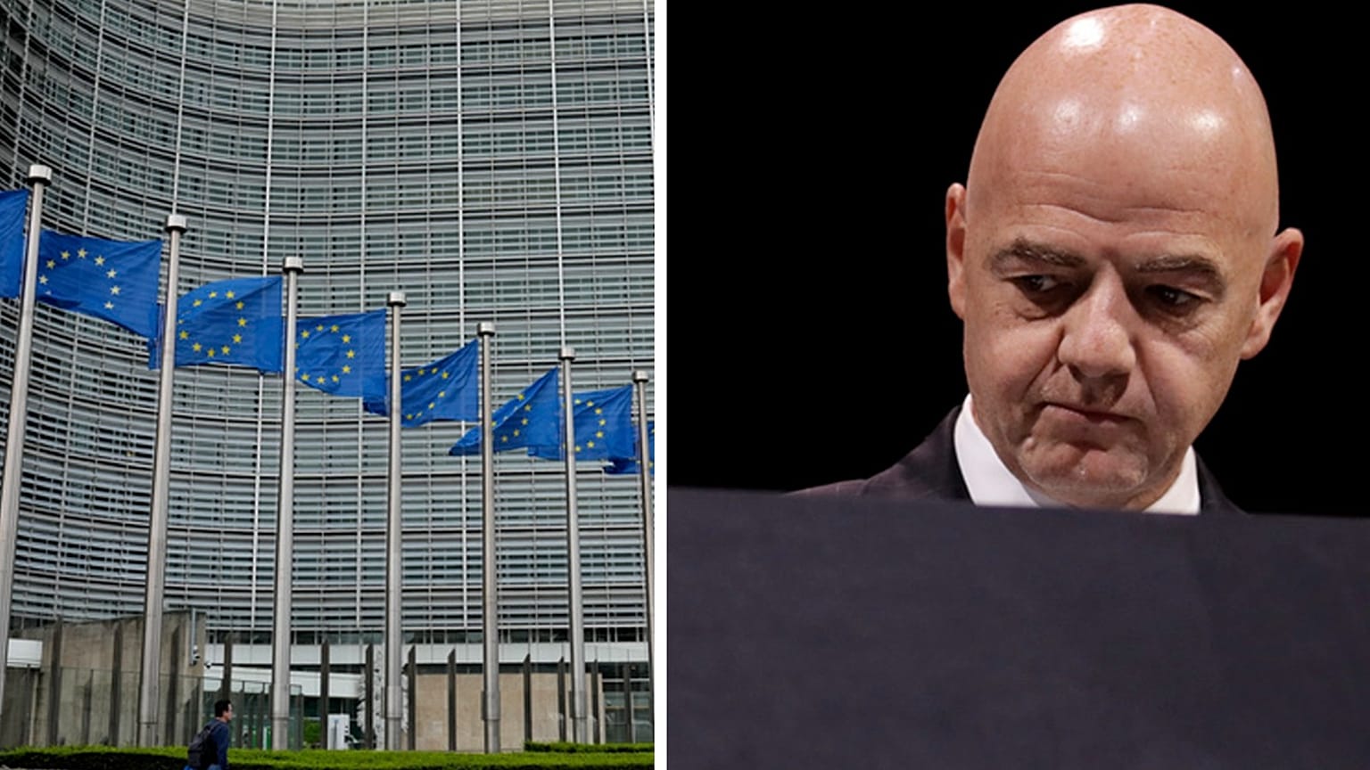 Das Gebäude der EU-Kommission in Brüssel, links, und der Präsident der FIFA, Gianni Infantino, rechts
