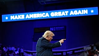 Republican presidential candidate former President Donald Trump gestures after speaking at a campaign rally in Charlotte, NC, 24 July 2024